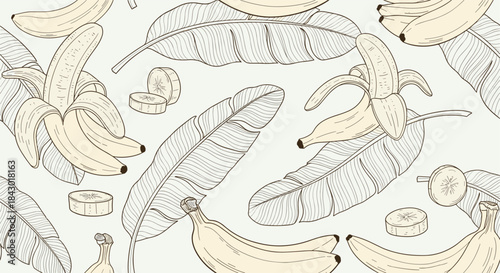 Vibrant hand drawn pattern depicting bananas and banana peels scattered across a pale background for a playful natural fruit motif design.