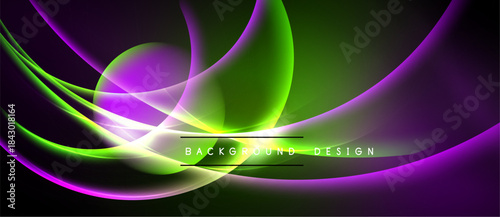 Abstract glowing lines form dynamic curves. Purple, green hues blend against dark backdrop. Text reads background design.