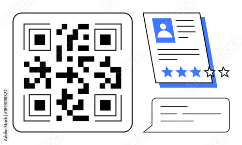 QR code next to user profile with rating stars and speech bubble for reviews. Ideal for digital identity, business review, user interaction, feedback, online communication, security, simple flat