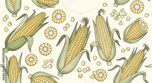 Seamless corn pattern featuring yellow maize ears with green husks and scattered kernels arranged in a vibrant farm inspired decorative design for textiles.