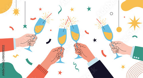 People raise champagne glasses in a festive toast as colorful confetti and streamers swirl overhead during a joyful celebration.