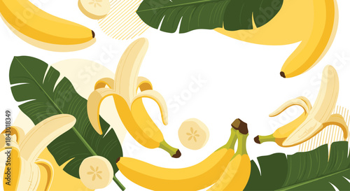 Vibrant still life of ripe yellow bananas scattered around large tropical green leaves and banana slices creating a cheerful composition with curved shapes.