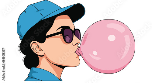 Casual woman wearing a blue cap and dark sunglasses blows a big pink bubble gum bubble in a playful street style portrait.