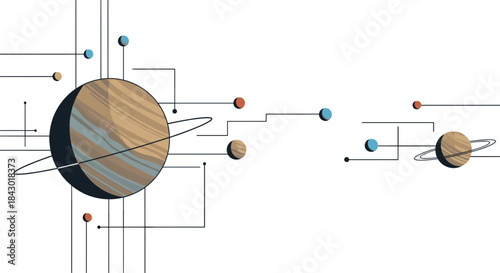 Colorful abstract depiction of planets with orbital rings and geometric lines illustrating cosmic connections and distant celestial bodies in an art style.