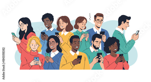 Large group of diverse young adults using smartphones in a bright social setting as they interact share content and explore digital moments together.