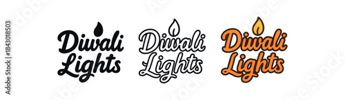 lettering icons three text only designs with phrase diwali lights one flat solid monochrome one thin black outline black and white one full color flat icon