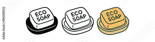 Flat vector illustration eco dish soap bars and tray soft rounded forms clean outline one black and white flat version one outline version one color version cozy eco lifestyle style