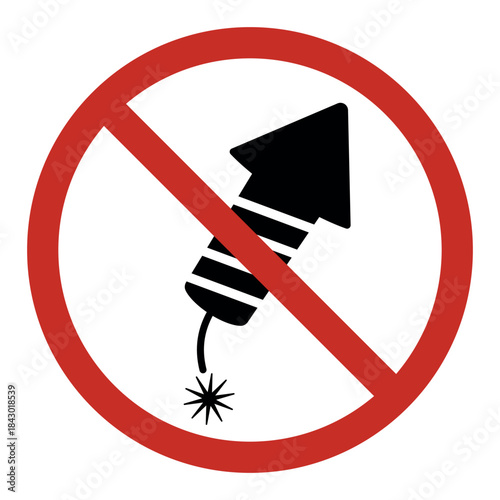 No Fireworks Warning Sign Icon Illustration Showing Prohibited Firecracker With Red Circle and Diagonal Line, Safety Symbol for Holidays, Events, Public Areas, Regulations
