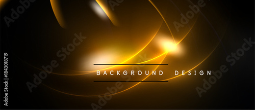 Abstract golden lines over black background. Bright light source creates dynamic, flowing shapes. Text reads background design.