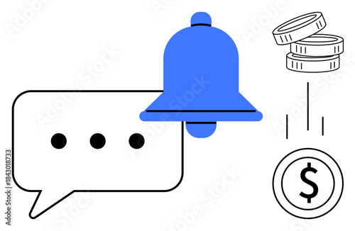 Finance, notifications, payment reminders, money alerts, communication, digital transactions. Speech bubble, bell symbol and dollar sign with coins. Finance and notifications concept