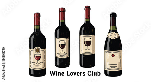 Four red wine bottles stand upright with illustrated labels inviting enthusiasts to join social wine lovers club for tastings and conversations about varietals.
