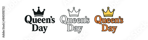 lettering icons three text only designs with phrase queens day one flat solid monochrome one thin black outline black and white one full color flat icon