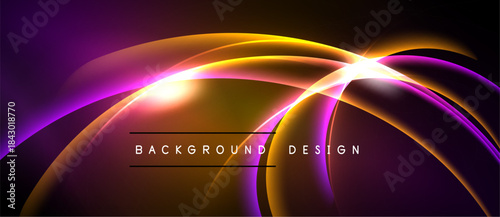 Abstract design features vibrant curves, glowing lines. Purple, orange, yellow hues create dynamic visual effect. Modern background element.