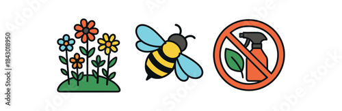 Flat vector illustration of pollinator habitat: wildflower patch bee hovering and nopesticide spray bottle crossed by leaf icon rounded shapes clean outline clean white background
