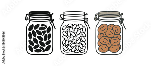 Flat vector illustration glass jars with metal clips filled with nuts seeds and dried fruit soft rounded shapes clean outline one black and white flat version one outline version one color