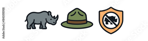 Flat vector illustration of antipoaching concept: rhino ranger hat and shield icon rounded shapes clean outline clean white background