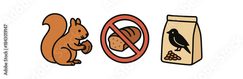 Flat vector illustration of safe feeding rules: squirrel with nut no bread crossed loaf icon and birdseed pouch rounded shapes clean outline clean white background