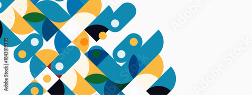 Abstract geometric shapes overlap, creating dynamic visual texture. Colors include blue, yellow, green, gray, white. Modern design elements present.