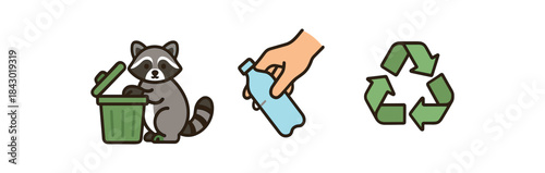 Flat vector illustration of antilitter wildlife help: raccoon near bin hand picking bottle and recycle arrows icon rounded shapes clean outline clean white background