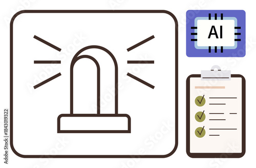 Emergency light emitting signals, AI microchip icon, and a checklist with marked tasks. Ideal for technology, safety, automation, machine learning, cybersecurity, risk management innovation themes