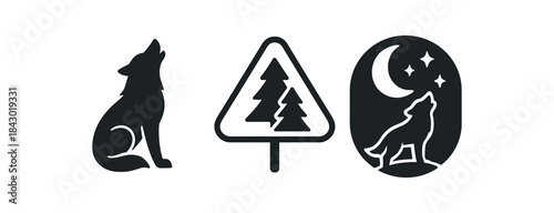 Flat vector illustration of protecting wolves: wolf silhouette forest boundary sign (no letters) and moon night icon rounded shapes clean outline clean white background