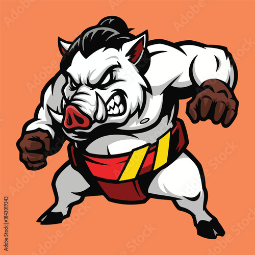 White Sumo Boar Character Illustration with Fierce Expression and Traditional Japanese Wrestling Attire