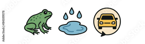 Flat vector illustration of amphibian crossing: toad rain puddle and slowing icon rounded shapes clean outline clean white background