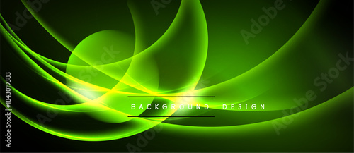 Abstract green waves, smooth curves, dynamic lines. Dark background emphasizes bright glowing shapes, modern design element.