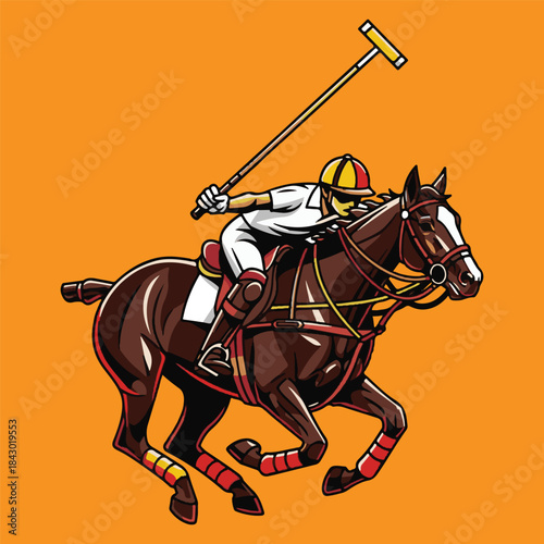 Dynamic illustration of a polo player on horseback mid-stride, mallet poised for a powerful shot, showcasing the speed and skill of the equestrian sport