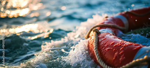Vibrant Lifesaver Floating Amidst Splashing Waves in Shimmering Sunlit Sea