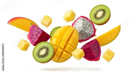 Fototapeta Naklejka Na Ścianę i Meble -  A vibrant mix of tropical fruits including mango, kiwi, and dragon fruit against a white background