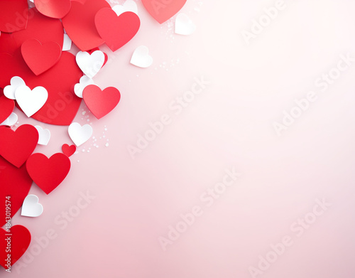 Vibrant Heart Shaped Paper Cutouts in Red and Pink Hues on Soft Pastel Background