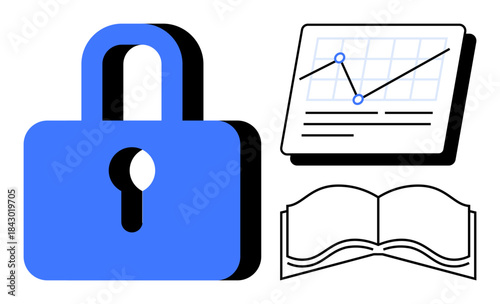 Blue padlock, line graph on chart, open book. Ideal for security, data analysis, learning, research, privacy data protection simplified design. A simple flat metaphor