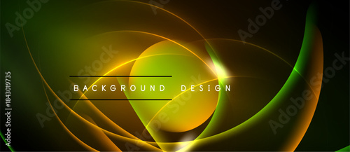 Abstract design features flowing lines, vibrant green, gold hues. Modern aesthetic, dynamic curves create visual interest. Text reads background design.