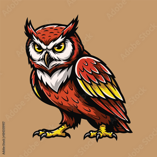 An illustration of a fierce red owl with sharp yellow eyes and prominent ear tufts, standing with its wings slightly tucked