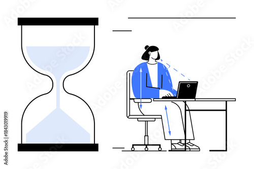 Time management concept. Time with hourglass alongside a focused person working at a desk with a laptop. Time management supports productivity, focus, and efficiency. For workplace behaviors