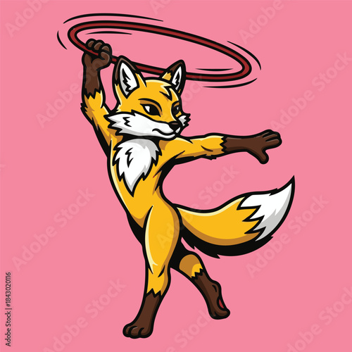 Playful Fox Character Twirling a Hula Hoop with Energetic Pose on a Vibrant Pink Background
