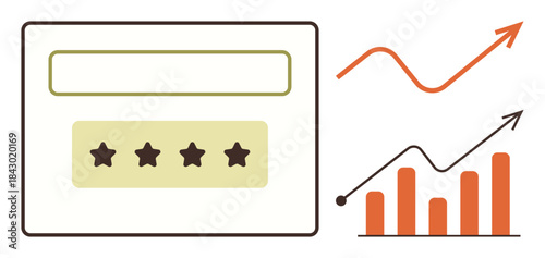 Rating window with stars, upward trend line, and bar chart highlighting data growth and analytics. Ideal for business, marketing, customer feedback, analytics, success performance and strategy. A