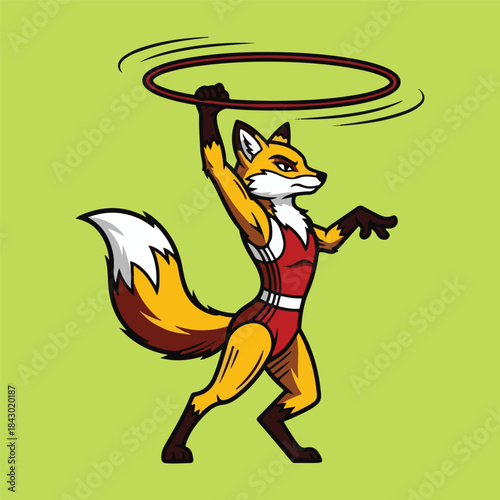 Agile anthropomorphic fox in a red leotard, expertly twirling a hula hoop with dynamic movement, embodying playful athleticism in a vibrant cartoon illustration