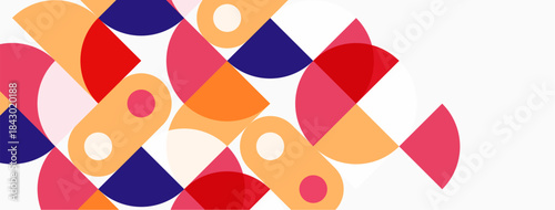 Abstract geometric shapes overlap, creating vibrant colorful pattern. Circles, semicircles, dots dominate composition. Modern design element.