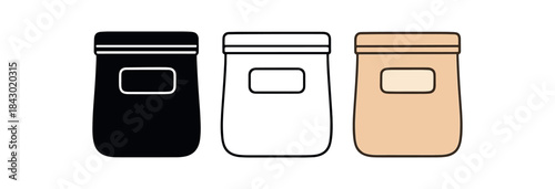 Flat vector illustration reusable freezer bags with small label zones soft rounded forms clean outline one black and white flat version one outline version one color version cozy eco