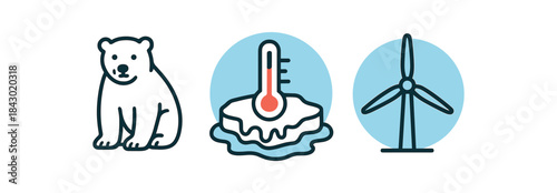Flat vector illustration of protecting polar animals: polar bear melting ice with thermometer icon and renewable wind turbine rounded shapes clean outline clean white background