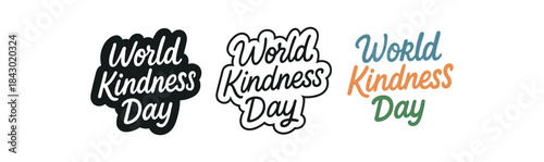 lettering icons three text only designs with phrase world kindness day one flat solid monochrome one thin black outline black and white one full color flat icon