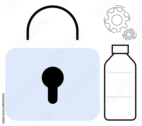 Cybersecurity, data protection, innovation, identity management, privacy, encryption. Padlock, bottle and gear icons. Cybersecurity and data protection concept for secure information handling