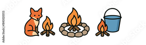 Flat vector illustration of safe campfires: fox nearby campfire ring and water bucket ready rounded shapes clean outline clean white background