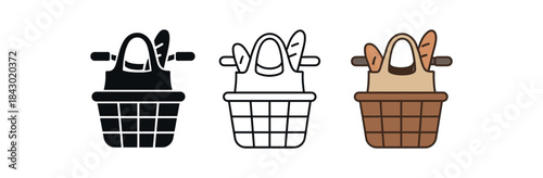 Flat vector illustration bicycle basket and reusable bag combos soft rounded silhouettes clean outline one black and white flat version one outline version one color version cozy eco