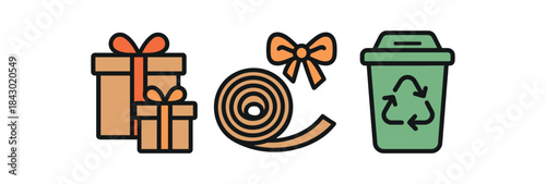 Flat vector illustration of holiday recycling: cardboard gift boxes paper ribbons and recycling bin rounded shapes clean outline clean white background