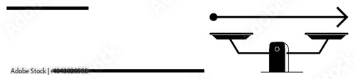 Decision making, contrasts, movement, stability, choice, direction. Minimalist black lines, horizontal arrow and a balancing mechanical scale. Decision making and contrasts conceptualized