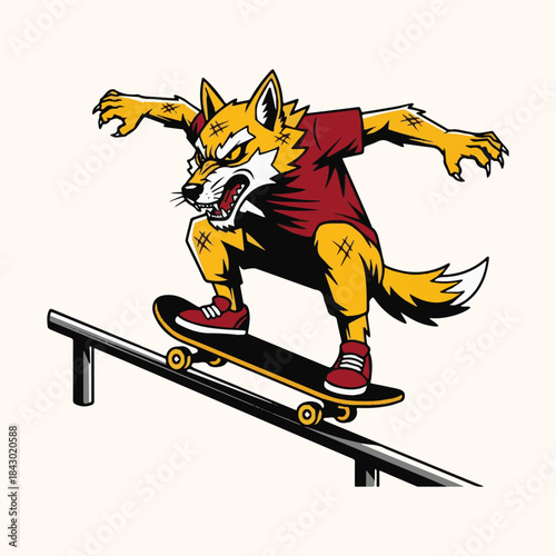 Energetic cartoon wolf mascot fiercely skateboarding on a grind rail, a bold graphic design capturing the spirit of action sports and urban rebellion with powerful visual impact