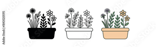 Flat vector illustration urban garden planters with herbs and flowers soft rounded forms clean outline one black and white flat version one outline version one color version cozy eco